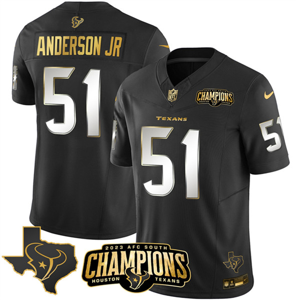 Houston Texans #51 Will Anderson Jr. Black Golden 2023 F.U.S.E. With AFC South Champions Patch And Team Logo Patch Limited Stitched Jersey - Zenithce