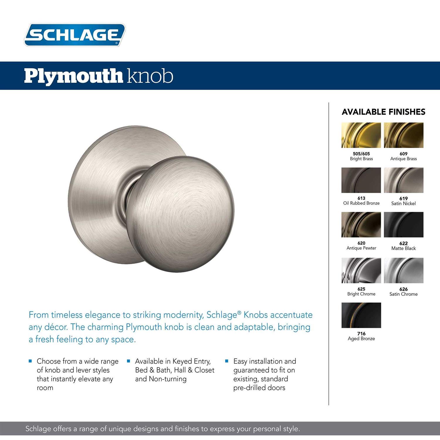 Schlage Plymouth Keyed Entry Knob - Zenithce