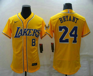 Los Angeles Lakers Front #8 Back #24 Kobe Bryant Yellow Cool Base Stitched Baseball Jersey - Zenithce