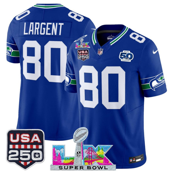 Seattle Seahawks #80 Steve Largent Royal 2025 F.U.S.E. Super Bowl LX Patch And 50th Season USA 250' Patch Vapor Throwback Limited Stitched Jersey - Zenithce