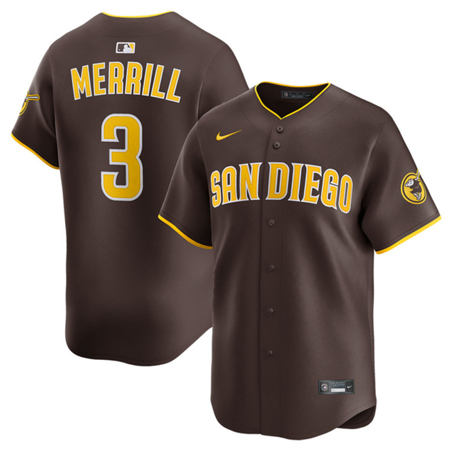 San Diego Padres #3 Jackson Merrill Brown 2024 Away Limited Stitched Jersey - Zenithce