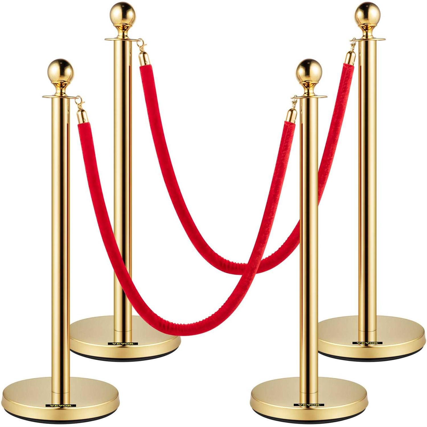 VEVOR Velvet Ropes and Posts 5 ft. Red Rope Stainless Steel Gold Stanchion with Ball Top Crowd Control Barrier - Zenithce