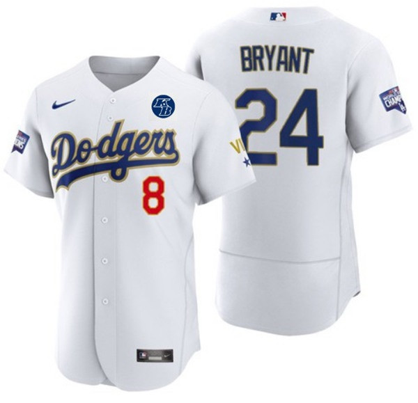 Los Angeles Dodgers Front #8 Back #24 Kobe Bryant With KB Patch White Gold Championship Sttiched Jersey - Zenithce