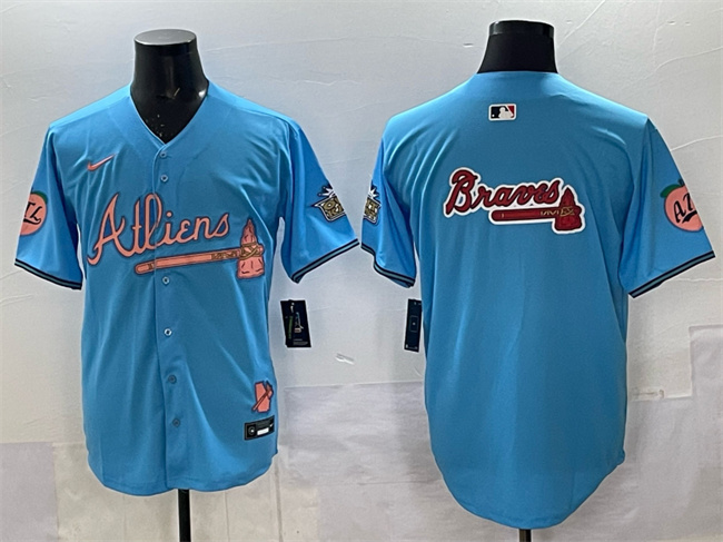 Atlanta Braves Team Big Logo Blue 2024 Atliens Peach With Outkast Patch Vapor Limited Stitched Jersey - Zenithce