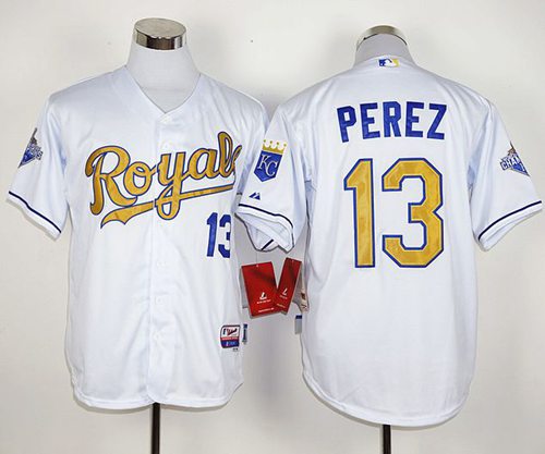 Royals #13 Salvador Perez White 2015 World Series Champions Gold Program Stitched Jersey - Zenithce