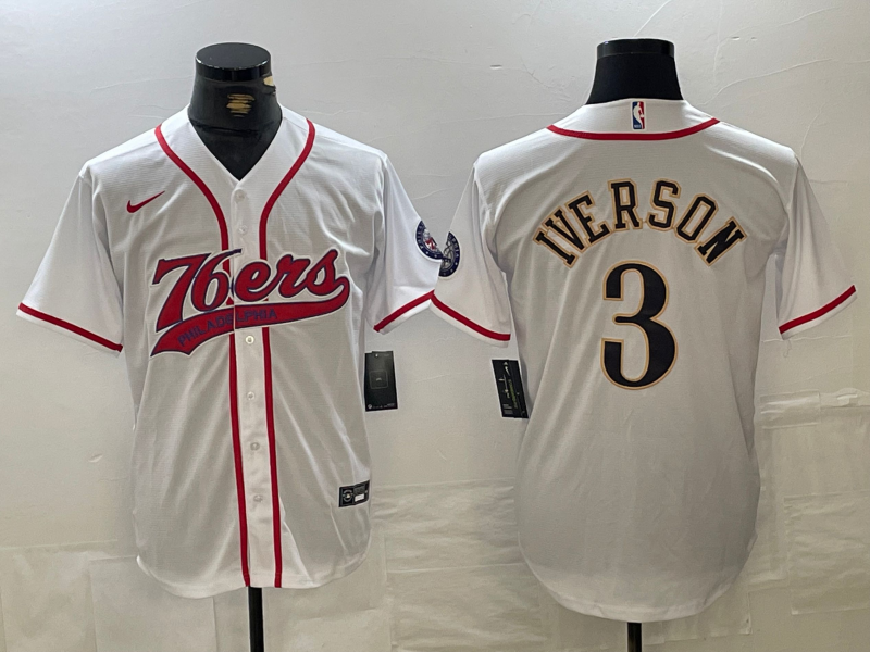 Philadelphia 76ers #3 Allen Iverson White With Patch Cool Base Stitched Baseball Jersey - Zenithce