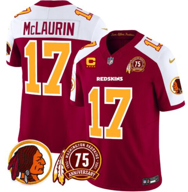 Washington Redskins #17 Terry McLaurin Burgundy White 2024 F.U.S.E. 75th Patch And 4-Star C Patch Throwback Vapor Limited Stitched Jersey - Zenithce