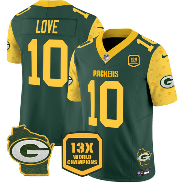 Green Bay Packers #10 Jordan Love Green 2024 F.U.S.E. 13 Time World Champions And Home Patch Vapor Untouchable Limited Stitched Jersey - Zenithce