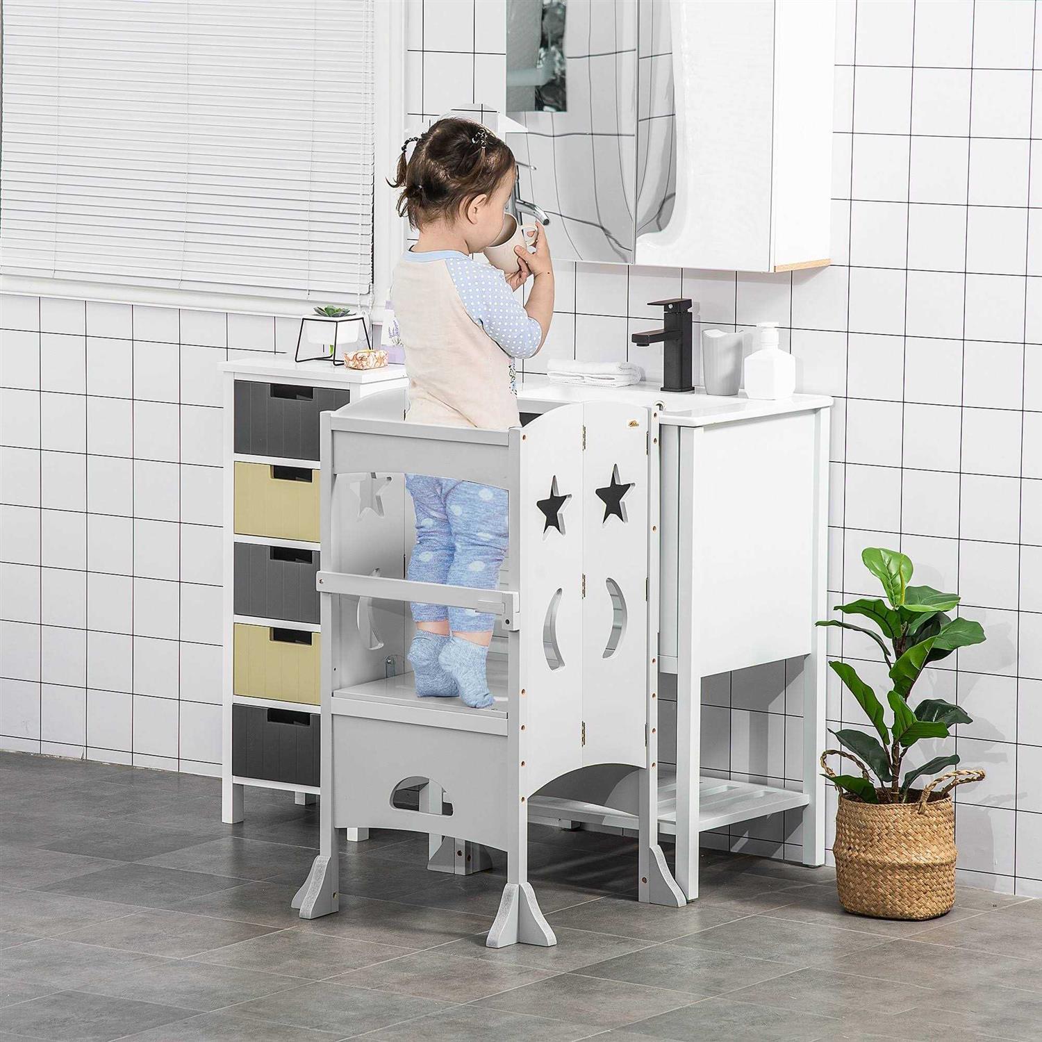 Qaba Kids Foldable Kitchen Step Stool with Chalkboard and Lockable Handrail for Children 3-6 Years Old - Zenithce