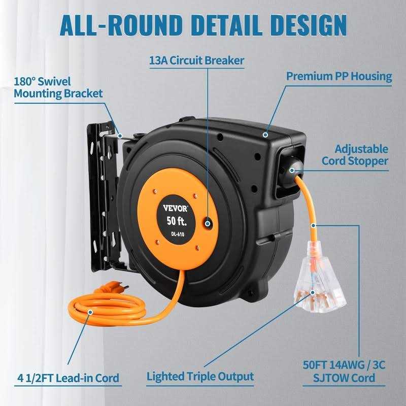 VEVOR Retractable Extension Cord Reel Heavy Duty 3C SJTOW Power Cord - Zenithce
