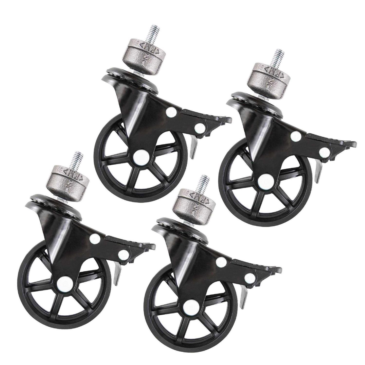 PIPE DECOR Black Malleable Iron Cap Fitting with 3 in. Caster Wheel for Pipe Furniture - Zenithce