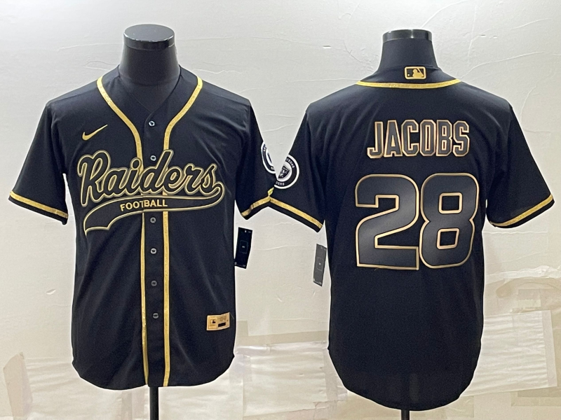 Las Vegas Raiders #28 Josh Jacobs Black Gold With Patch Cool Base Stitched Baseball Jersey - Zenithce