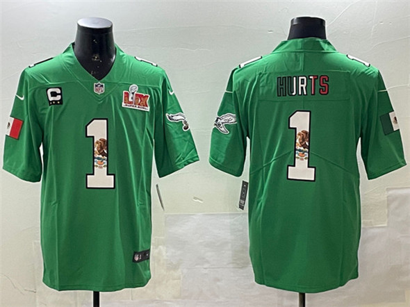 Philadelphia Eagles #1 Jalen Hurts Green Mexico 2025 Super Bowl LIX Patch And 3-Star C Patch Vapor Untouchable Limited Stitched Jersey - Zenithce