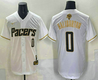 Indiana Pacers #0 Tyrese Haliburton White Gold 2025 Finals Vapor Stitched Baseball Jersey - Zenithce