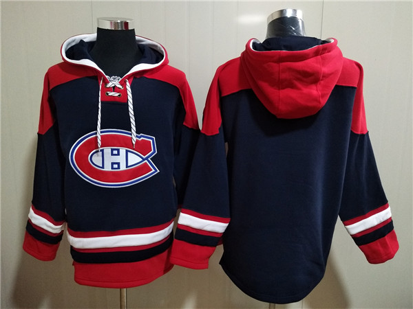 Montreal Canadiens Blank Navy Red Lace-Up Pullover Hoodie - Zenithce