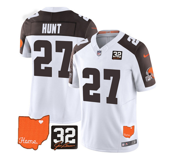 Cleveland Browns #27 Kareem Hunt White Brown 2023 F.U.S.E. With Jim Brown Memorial Patch Vapor Untouchable Limited Stitched Jersey - Zenithce