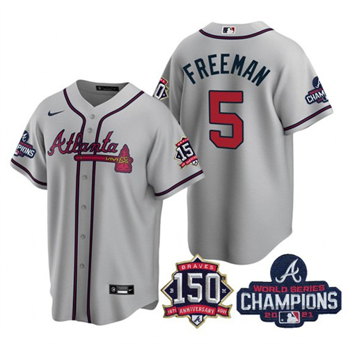 Atlanta Braves #5 Freddie Freeman 2021 Gray World Series Champions With 150th Anniversary Patch Cool Base Stitched Jersey - Zenithce