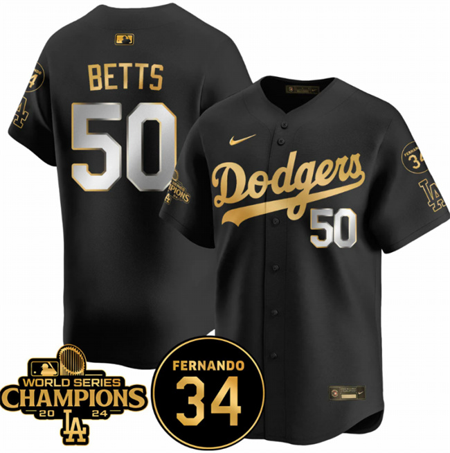 Los Angeles Dodgers #50 Mookie Betts Black Gold 2024 World Series Champions Fernando Memorial Patch Vapor Premier Limited Stitched Jersey - Zenithce