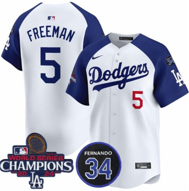Los Angeles Dodgers #5 Freddie Freeman White Royal 2024 World Series Champions With Fernando Memorial Patch Limited Stitched Jersey - Zenithce