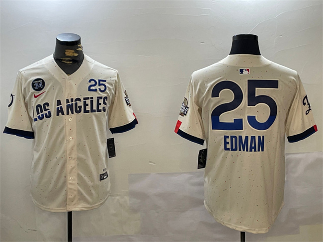 Los Angeles Dodgers #25 Tommy Edman Cream 2024 World Series With Fernando Memorial Patch City Connect Limited Stitched Jersey - Zenithce
