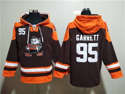 Cleveland Browns #95 Myles Garrett Brown Lace-Up Pullover Hoodie - Zenithce