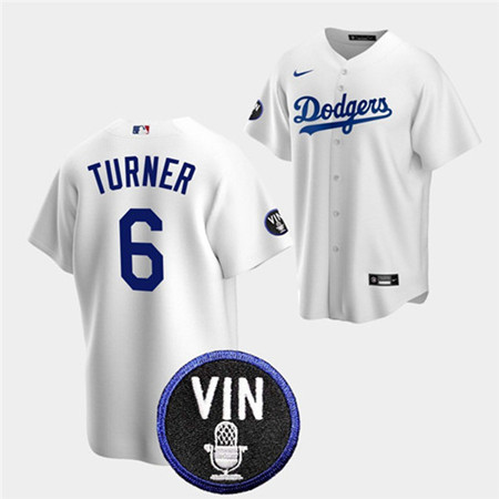 Los Angeles Dodgers #6 Trea Turner 2022 White Vin Scully Patch Cool Base Stitched Baseball Jersey - Zenithce
