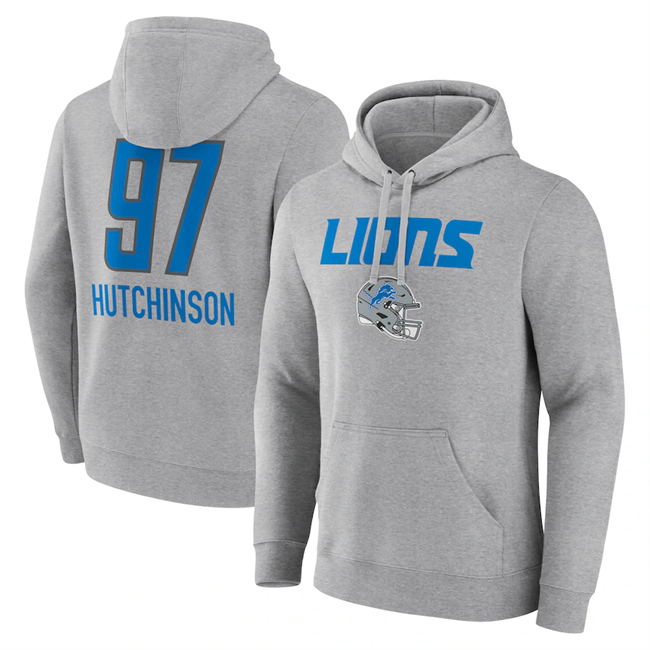 Detroit Lions #97 Aidan Hutchinson Heather Gray Team Wordmark Player Name Number Pullover Hoodie - Zenithce