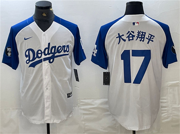 Los Angeles Dodgers #17 大谷翔平 White Blue Vin Patch Cool Base Stitched Jersey - Zenithce