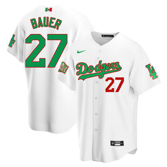 Los Angeles Dodgers #27 Trevor Bauer White Green Mexico 2020 World Series Stitched Jersey - Zenithce