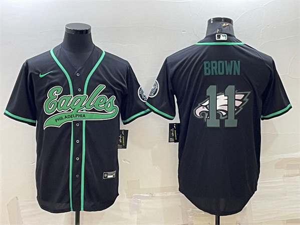 Philadelphia Eagles #11 A. J. Brown Black Team Big Logo With Patch Cool Base Stitched Baseball Jersey - Zenithce