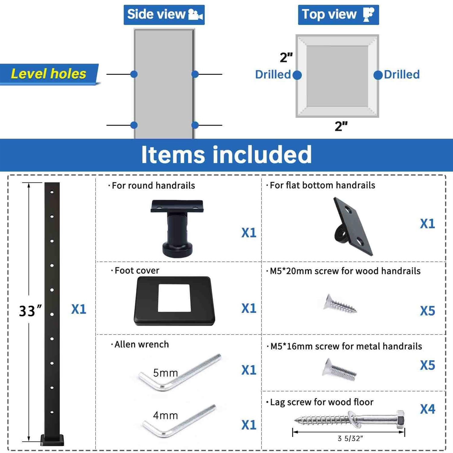 Muzata Level drilled Cable Railing Post 36x2x2 Adjustable Top Level Line Post Top Mount Stainless Steel - Zenithce