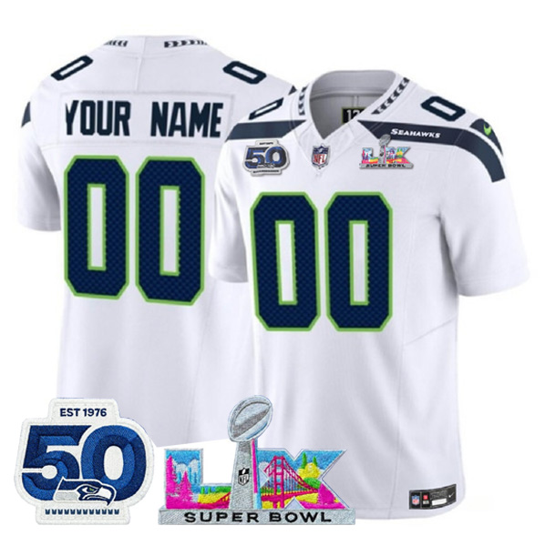 Seattle Seahawks Custom White 2025 F.U.S.E. Super Bowl LX Patch And 50th Season Patch Vapor Limited Stitched Jersey - Zenithce