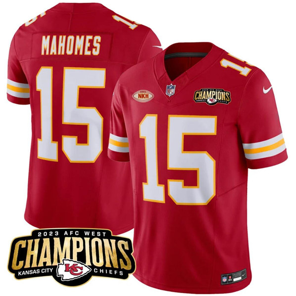 Kansas City Chiefs #15 Patrick Mahomes Red 2023 F.U.S.E. AFC West Champions With 