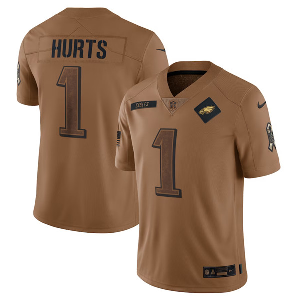 Philadelphia Eagles #1 Jalen Hurts 2023 Brown Salute To Service Limited Stitched Jersey - Zenithce