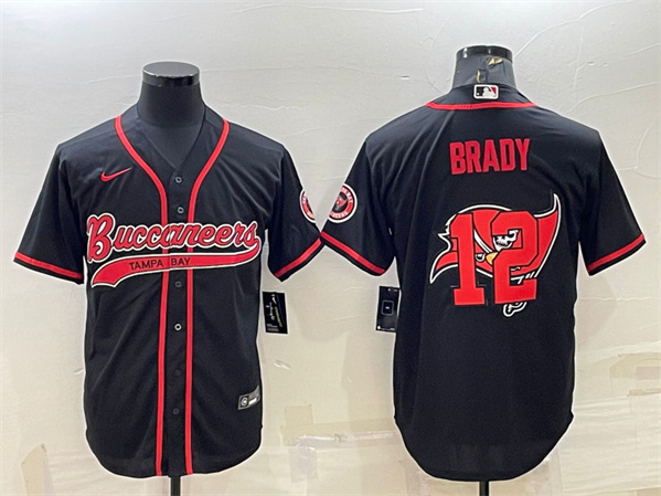 Tampa Bay Buccaneers #12 Tom Brady Black Team Big Logo With Patch Cool Base Stitched Baseball Jersey - Zenithce
