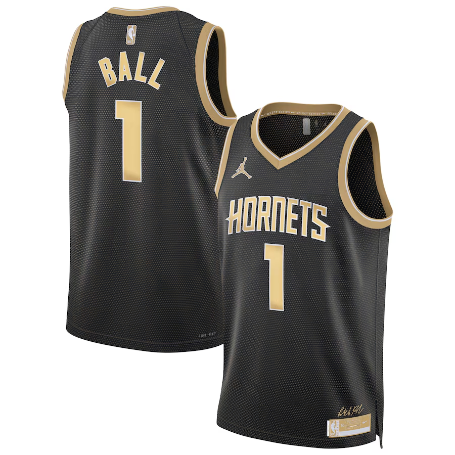 Charlotte Hornets #1 Lamelo Ball Black Gold 2024 Select Series Stitched Jersey - Zenithce