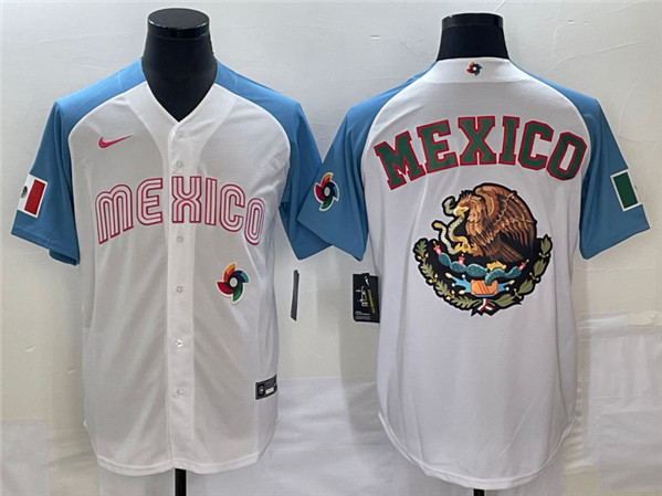 Mexico 2023 White Blue Team Big Logo World Classic Stitched Jersey - Zenithce
