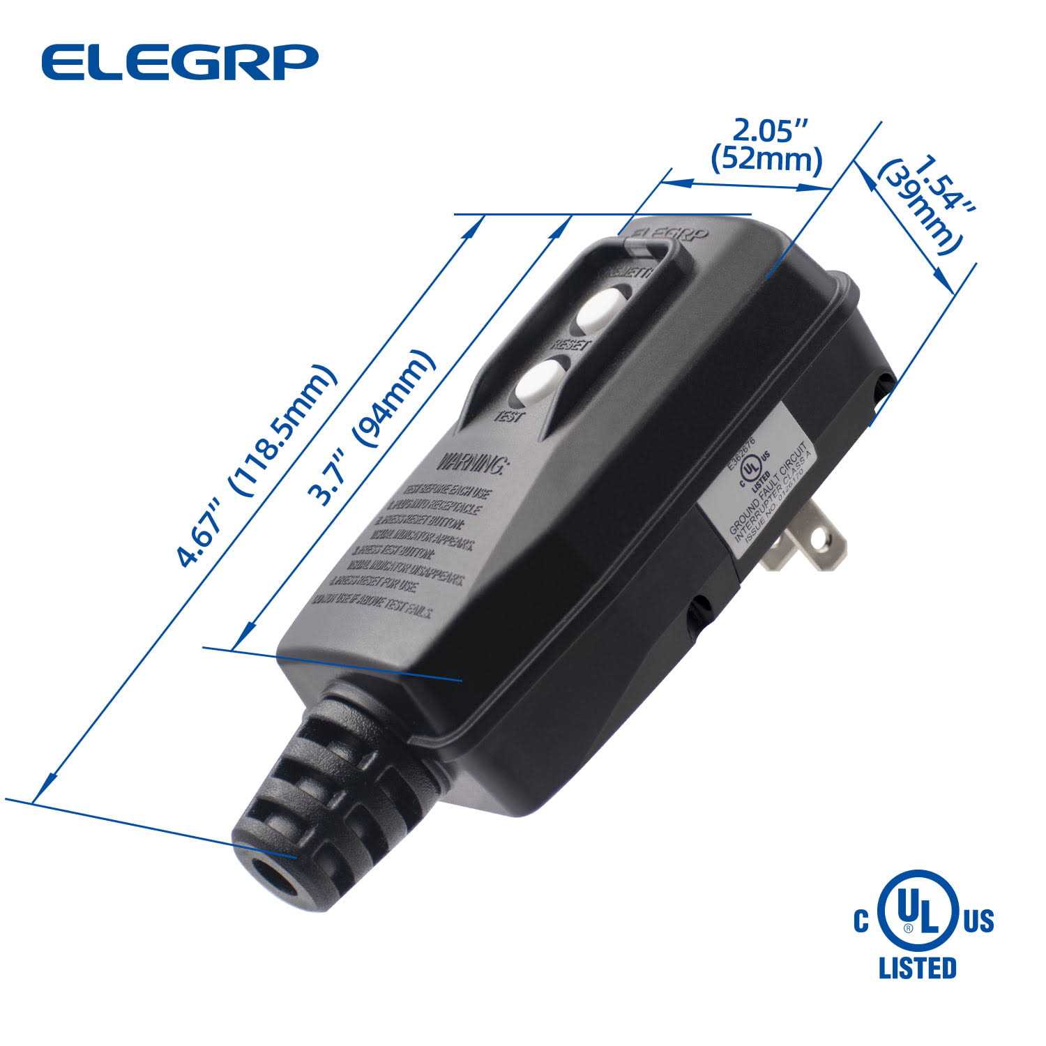 ELEGRP 4.67 in. 15 Amp Auto Reset 3 Prong Portable GFCI Replacement Right Angle Plug Assembly - Zenithce