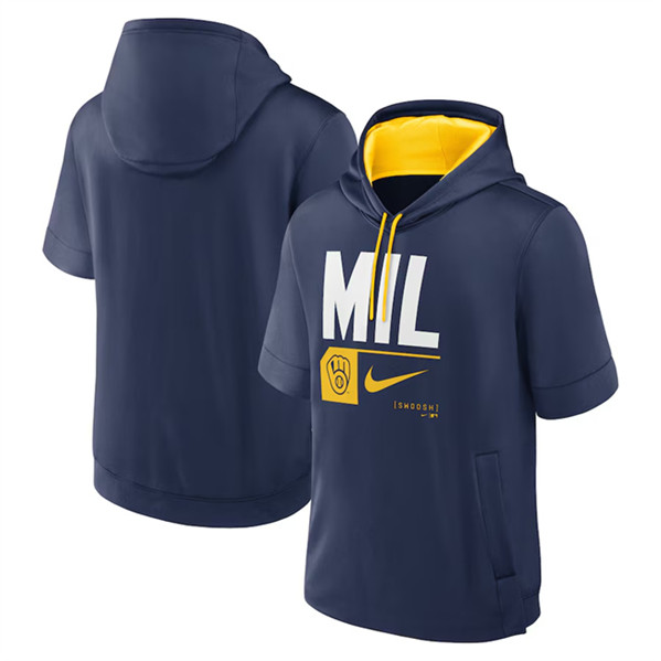 Milwaukee Brewers Navy Tri Code Lockup Short Sleeve Pullover Hoodie - Zenithce