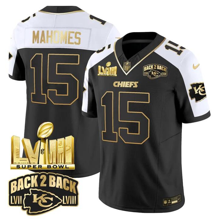 Kansas City Chiefs #15 Patrick Mahomes Black White 2024 F.U.S.E Super Bowl LVIII Patch With Back 2 Back Gold Patch Vapor Untouchable Limited Stitched Jersey - Zenithce