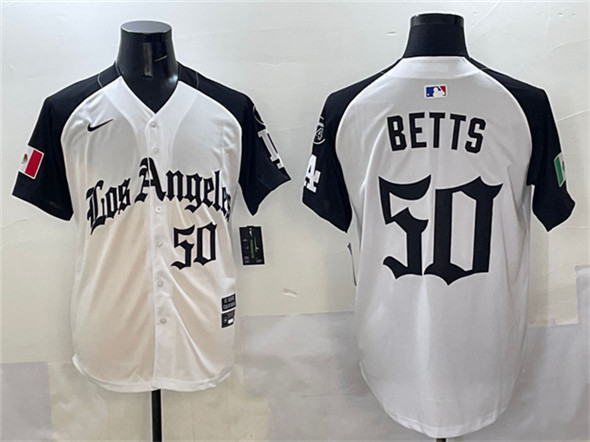 Los Angeles Dodgers #50 Mookie Betts White Black Mexico 2025 LA Gothic Style With Fernando Patch Vapor Premier Limited Stitched Jersey - Zenithce