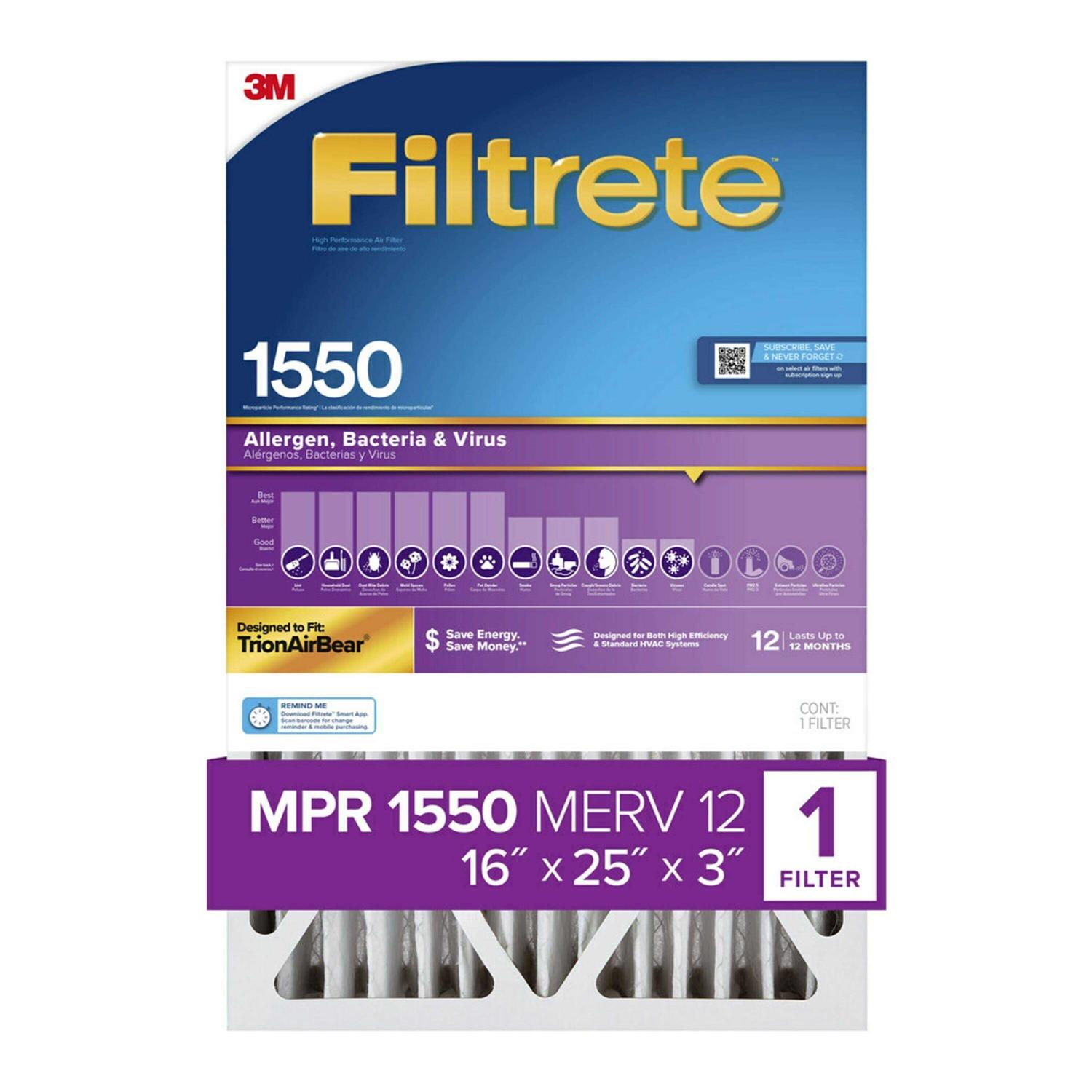 Filtrete 1-in 12 MERV 1500 MPR Allergen, Bacteria and Virus Electrostatic Pleated Air Filter - Zenithce
