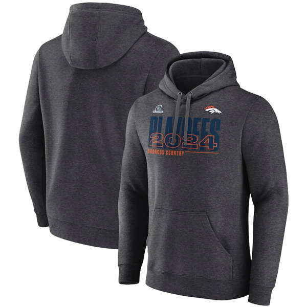Denver Broncos Heather Charcoal 2024 Playoffs Pullover Hoodie - Zenithce