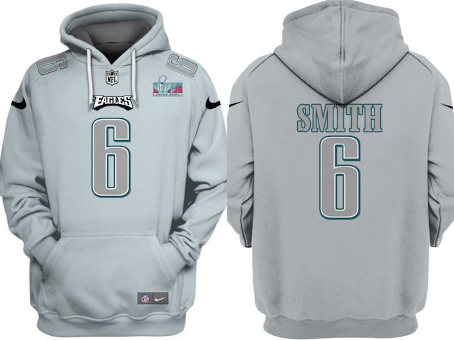 Philadelphia Eagles #6 DeVonta Smith Grey Atmosphere Fashion Super Bowl LVII Patch Pullover Hoodie - Zenithce