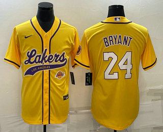 Los Angeles Lakers #24 Kobe Bryant Yellow With Patch Cool Base Stitched Baseball Jerseys - Zenithce