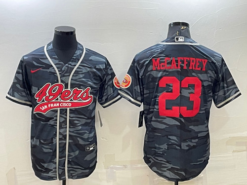 San Francisco 49ers #23 Christian McCaffrey Gray Red Camo With Patch Cool Base Stitched Baseball Jersey - Zenithce