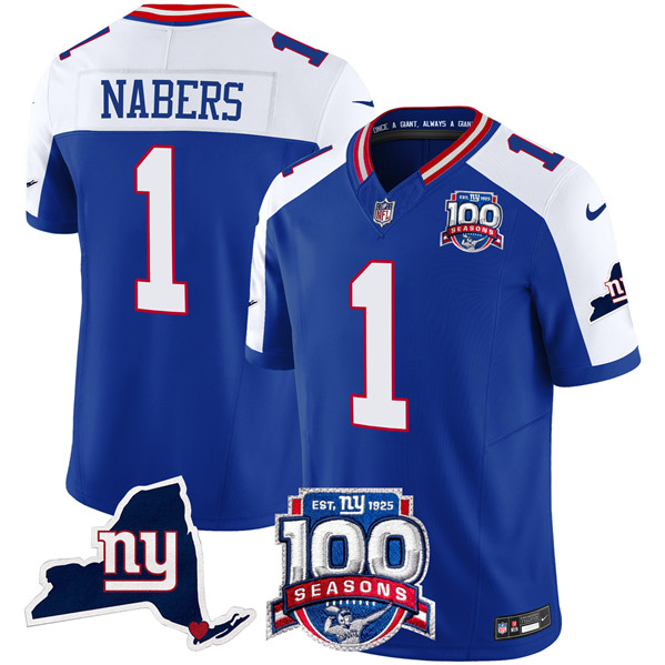 New York Giants #1 Malik Nabers Royal 2024 F.U.S.E. 100th Season And State Patch Vapor Limited Alternate Stitched Jersey - Zenithce