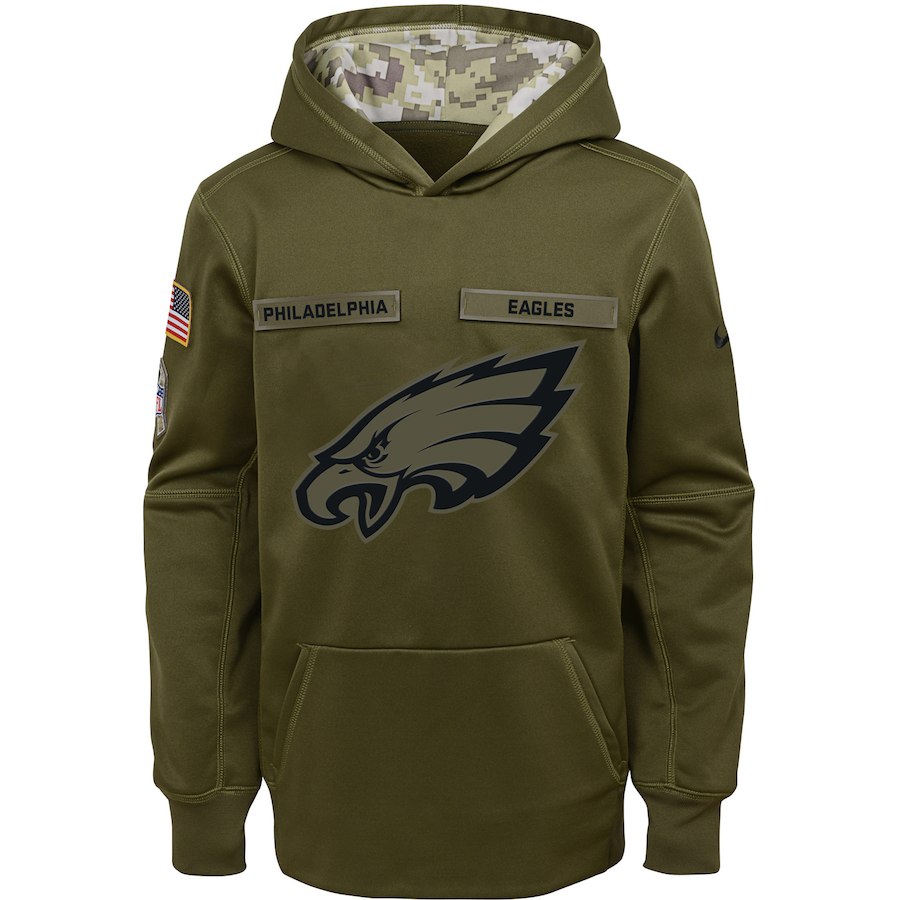 Youth Philadelphia Eagles Olive Salute To Service Pullover Performance NFL Hoodie - Zenithce