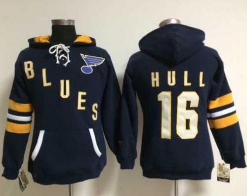 St. Louis Blues #16 Brett Hull Navy Blue Women's Old Time Heidi NHL Hoodie - Zenithce