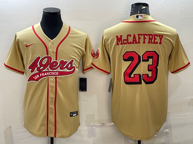 San Francisco 49ers #23 Christian McCaffrey New Gold With Patch Cool Base Stitched Baseball Jersey - Zenithce